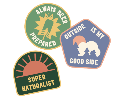 patches badges saying super naturalist always beer prepared outside is my good side