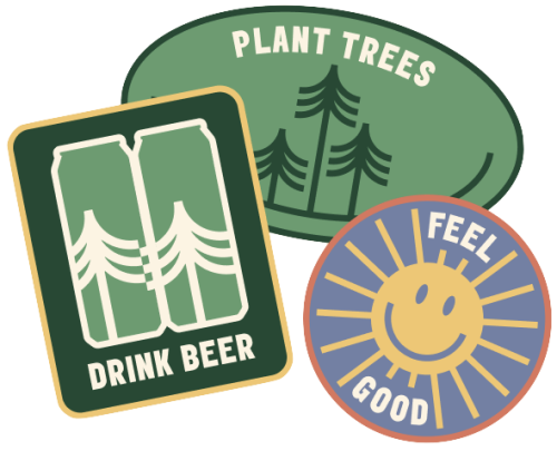 patches badges saying feel good plant trees drink beer